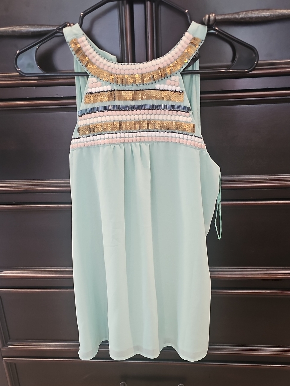 The Limited Mint Halter Top with Gold & Navy Beaded Trim